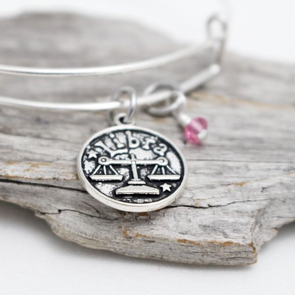 October Libra Adjustable Charm Bangle - Handmade Zodiac Bracelet - Picture 3 of 13